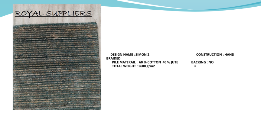 Royal Suppliers Textured fabric sample in shades of blue and gray with a label detailing its origin and construction.